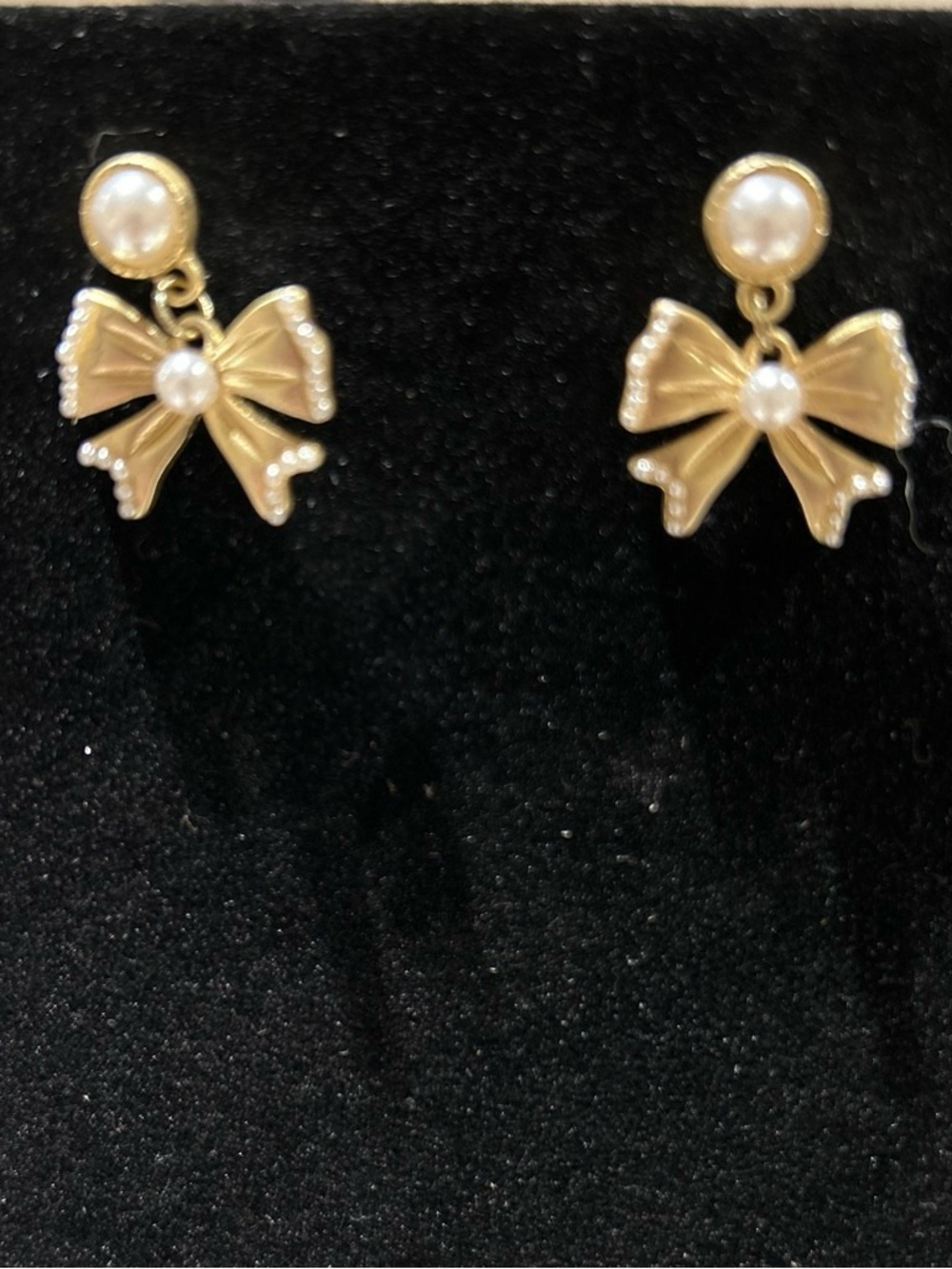 Gold color Bow Drop Earrings with faux Pearl Accents - Women Jewelry